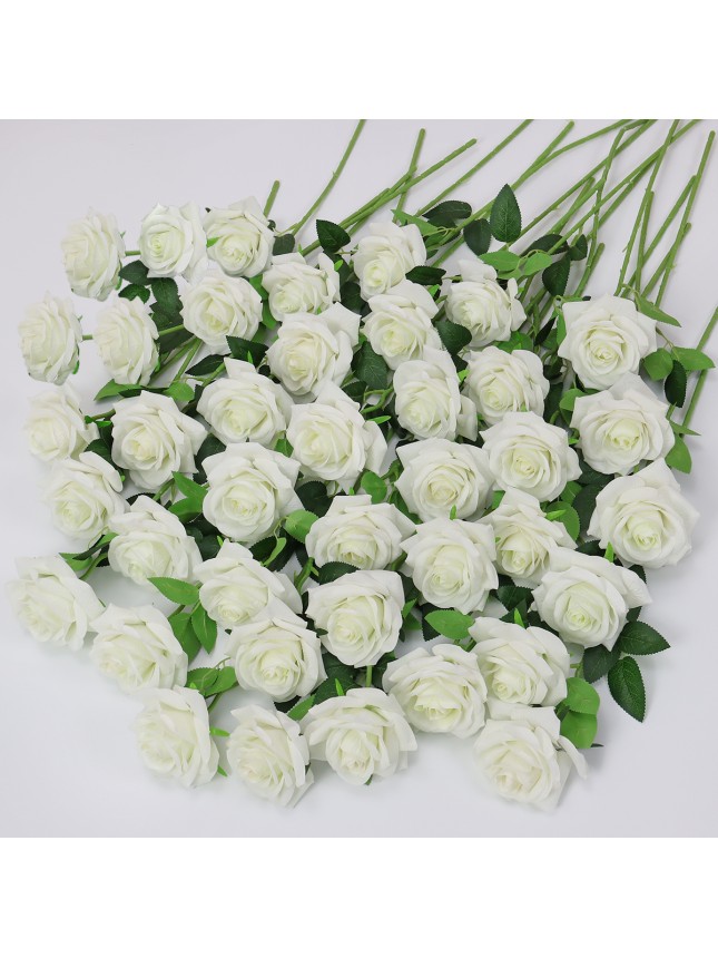 Long Stem White Silk Artificial Roses Flowers-40pcs