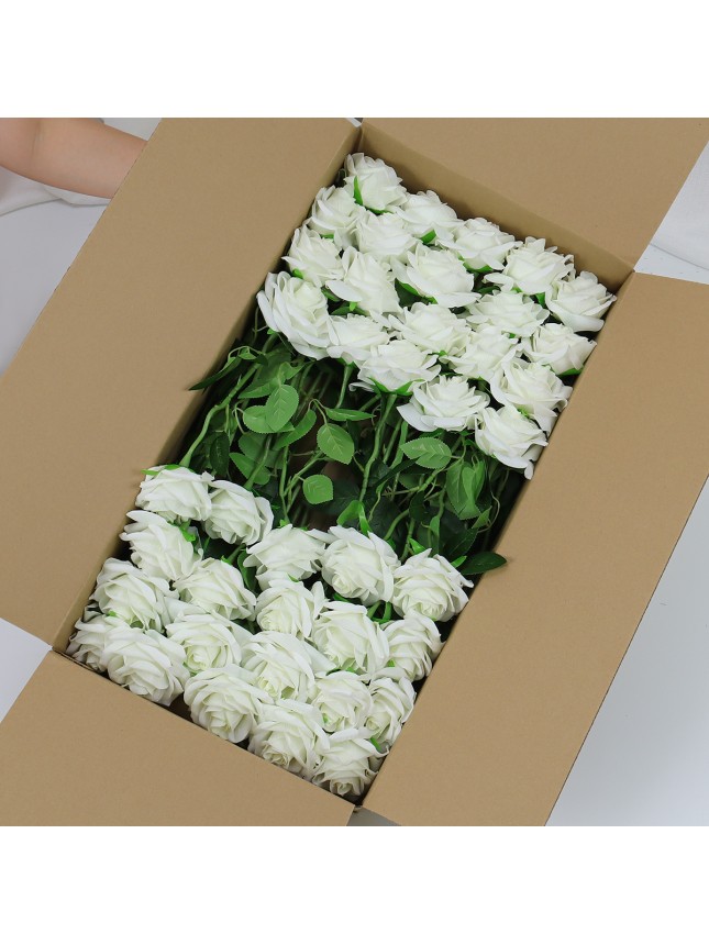 Long Stem White Silk Artificial Roses Flowers-40pcs