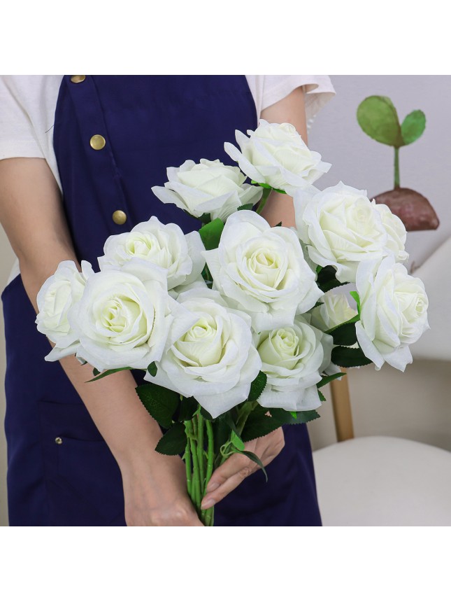 Long Stem White Silk Artificial Roses Flowers-40pcs